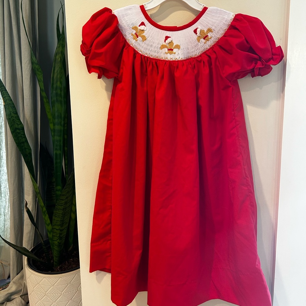 Red Smocked Christmas Dress - Fleur De Lis - 3T - NWOT